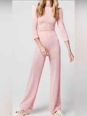 NWT $395 SMYTHE Keeley Pointelle Knit Pants Shell Pink Sheer Flare High Rise